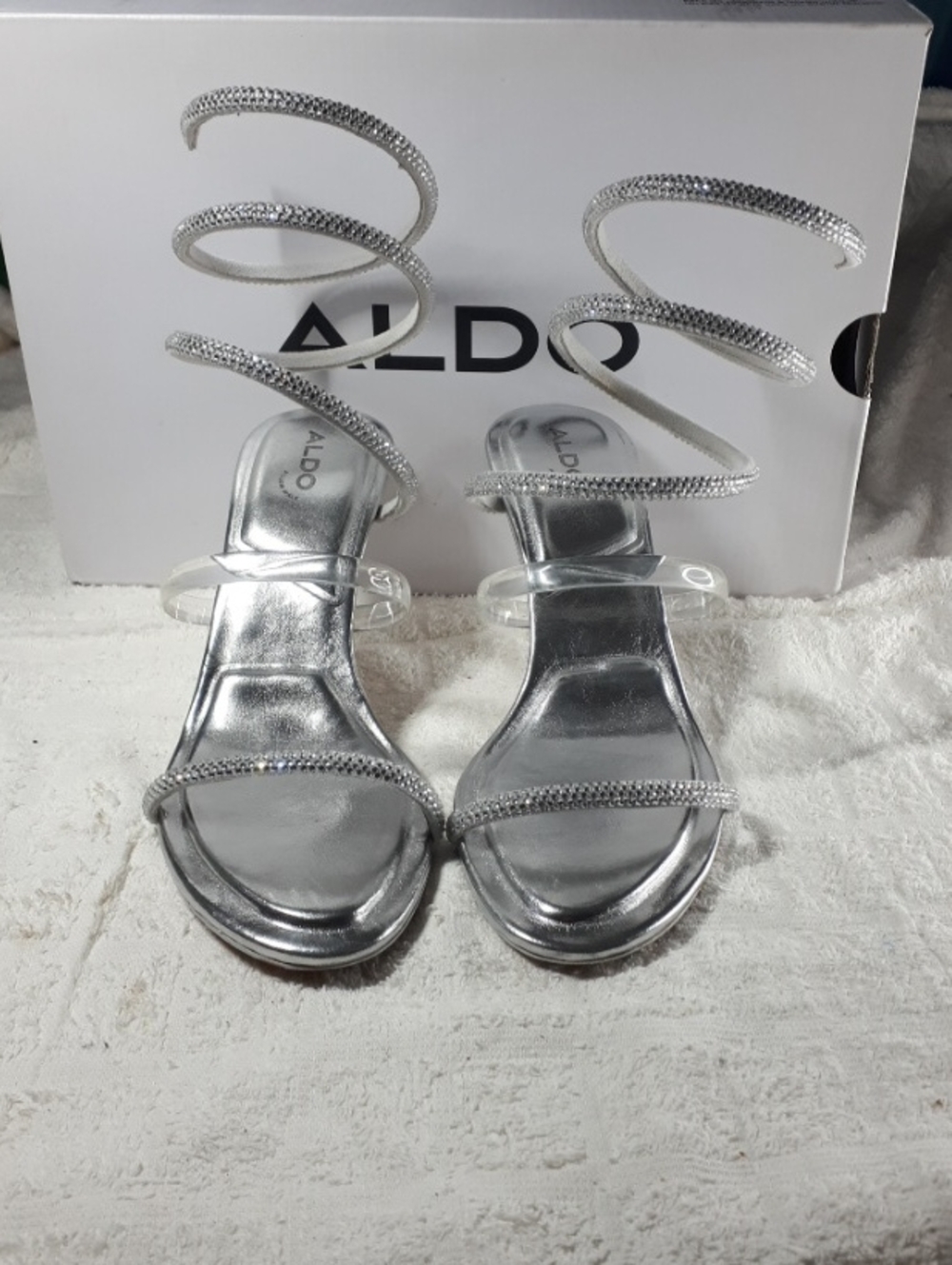 ALDO Silver Spiral Crystal Ankle-Strap Heels